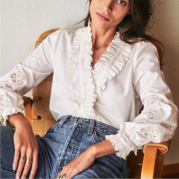 Sezane Kelly Ruffle Eyelet Blouse in Ecru, size 34 (USA 2) - Picture 5 of 16